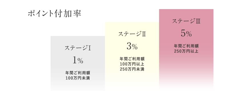 ポイント付加率の図解。ステージ1のポイント付加率1%（年間ご利用額100万円未満）。ステージ2ポイント付加率3%（年間ご利用額100万円以上250万円未満）。ステージ3のポイント付加率5%（年間ご利用額250万円以上）